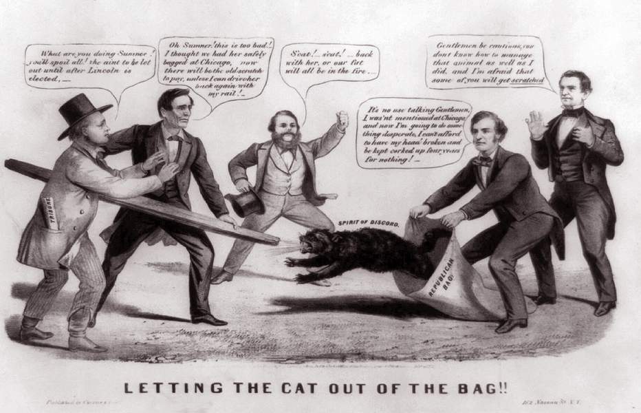 "Letting the Cat Out of the Bag!" cartoon, 1860, zoomable image