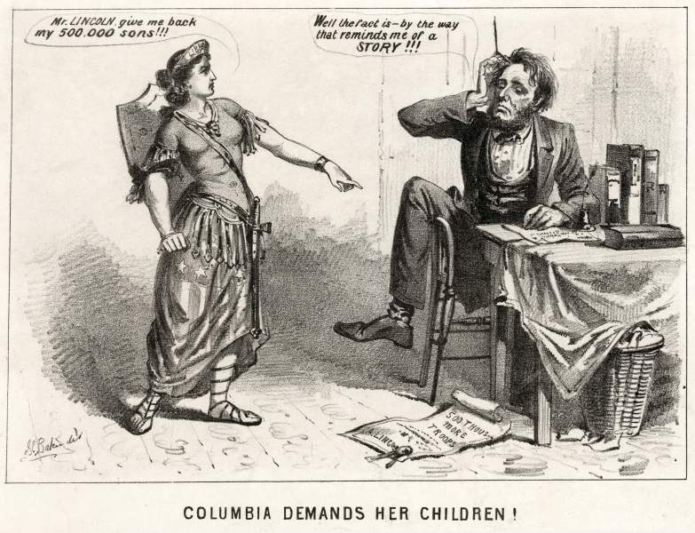 "Columbia Demands Her Children," 1864, political cartoon, zoomable