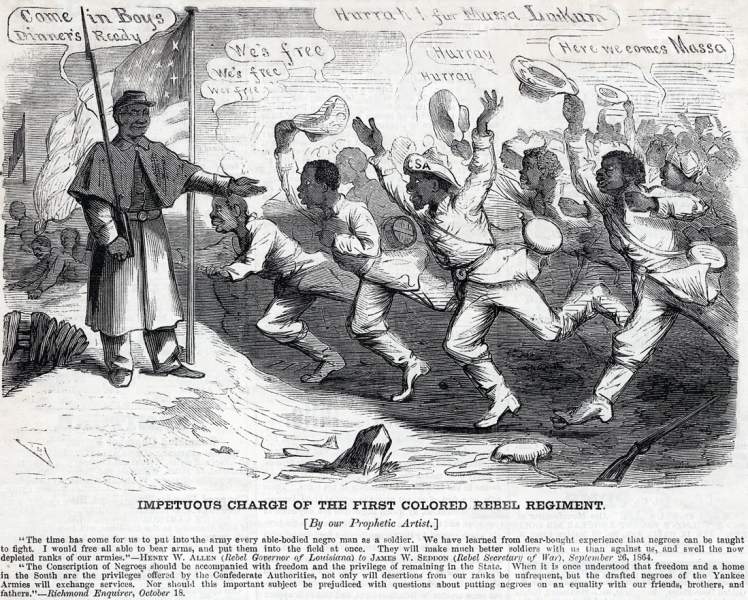 "Impetuous Charge of the First Colored Rebel Regiment," November 5, 1864, political cartoon