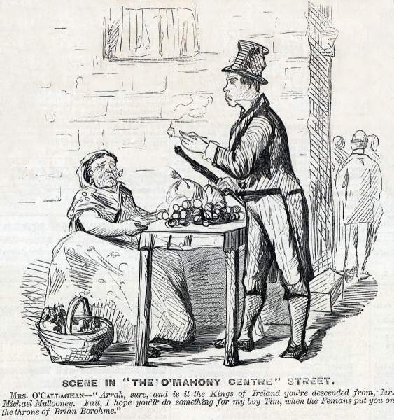 "Scene in 'The O"Mahony Centre' Street," cartoon, Frank Leslie's Illustrated, October 7, 1865