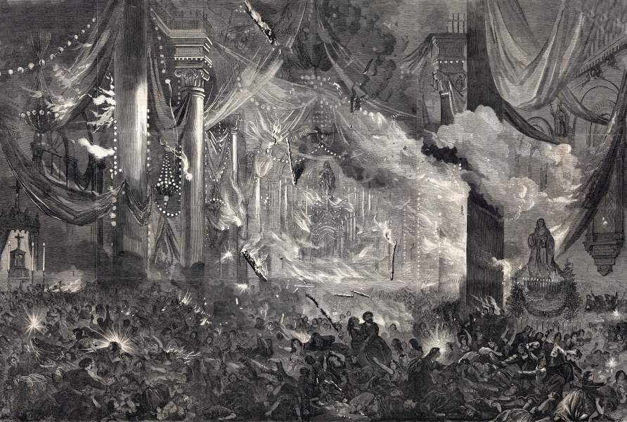 Disaster inside the Church of the Compania, Santiago, Chile, December 8, 1863, artist's impression, zoomable image
