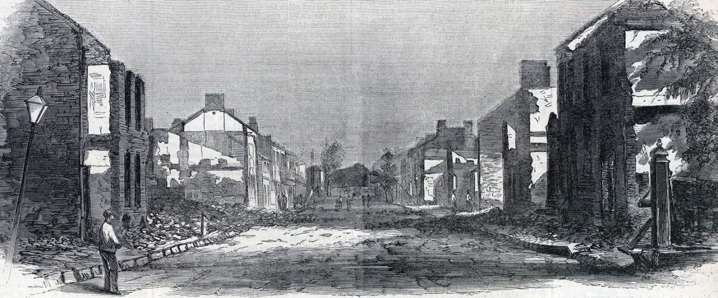 Destruction at Chambersburg, Pennsylvania, July 1864, woodcut from photogaraph, zoomable image