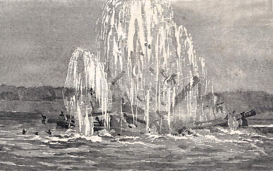 The U.S.S. Commodore Jones blown up by a mine in the James River, Virginia, May 6, 1864, artist's impression