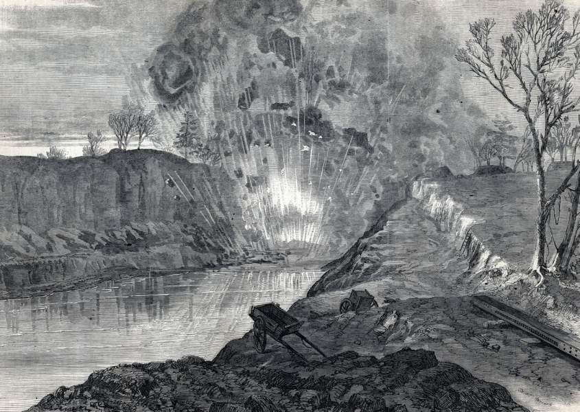 Controlled explosion, Dutch Gap Canal, James River, Virginia, January 1, 1865, artist's impression