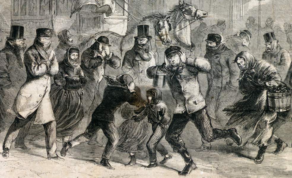 Cold Weather strikes New York City, street scene, January 8, 1866, artist's impression, detail