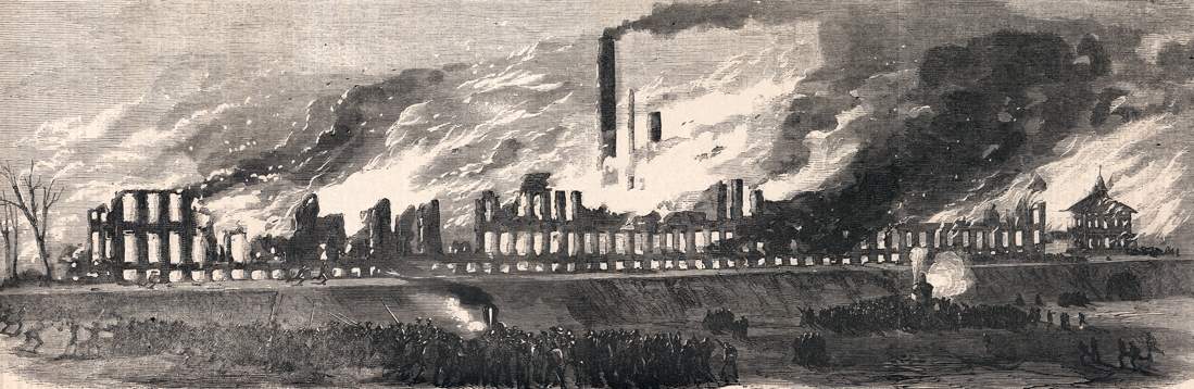 Destruction of the Colt's Small Arms Factory in Hartford, Connecticut, February 5, 1864, artist's impression