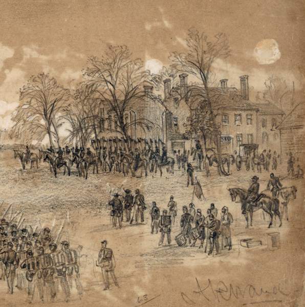 "Chancellorsville During the Battle," May 1, 1863, detail of headquarters, artist's impression