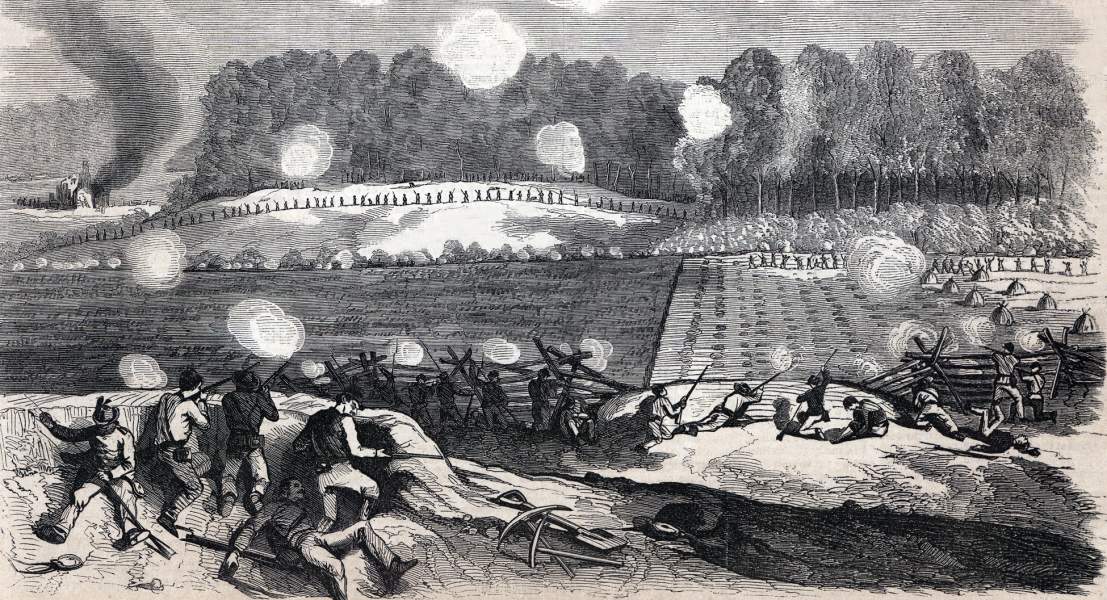 Dismounted Union cavalry defending Washington, D.C. during Confederate raid, July 12,1864, artist's impression, zoomable image