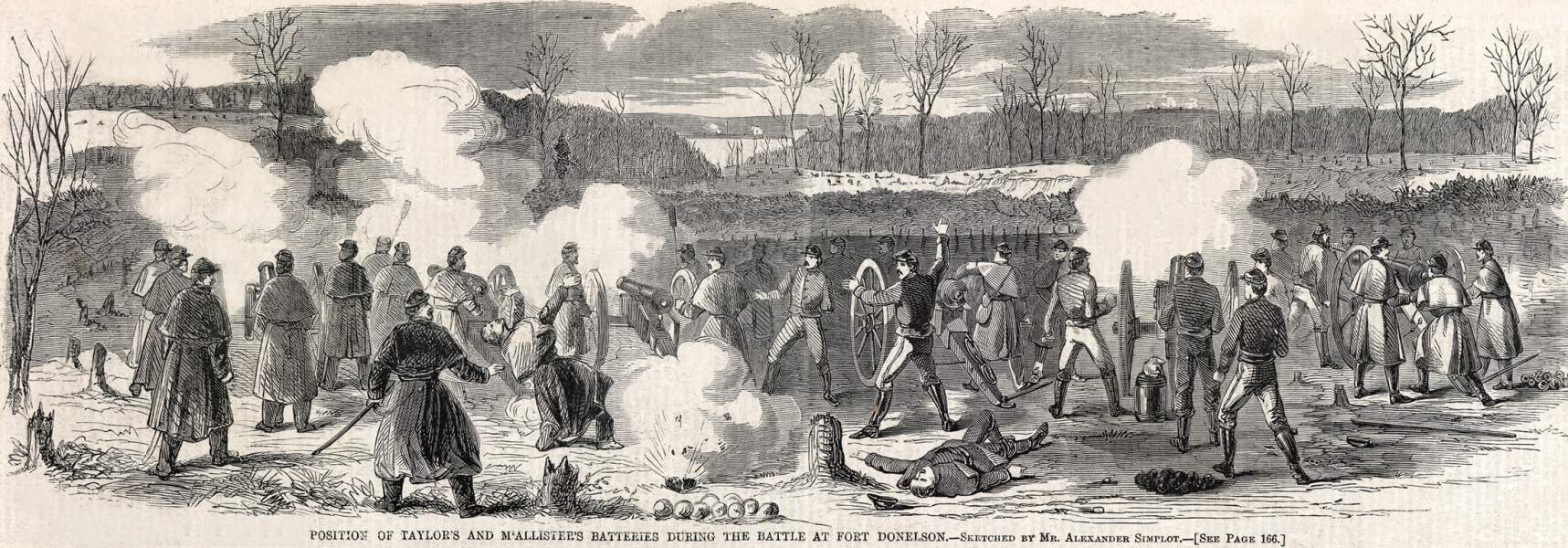 Union Artillery in action at Fort Donelson, Tennessee, February 1862, artist's impression, zoomable image