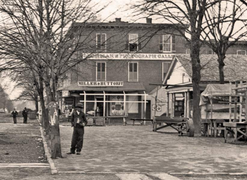 East High Street, south side, looking east from the Town Square, Carlisle, Pennsylvania, circa 1872