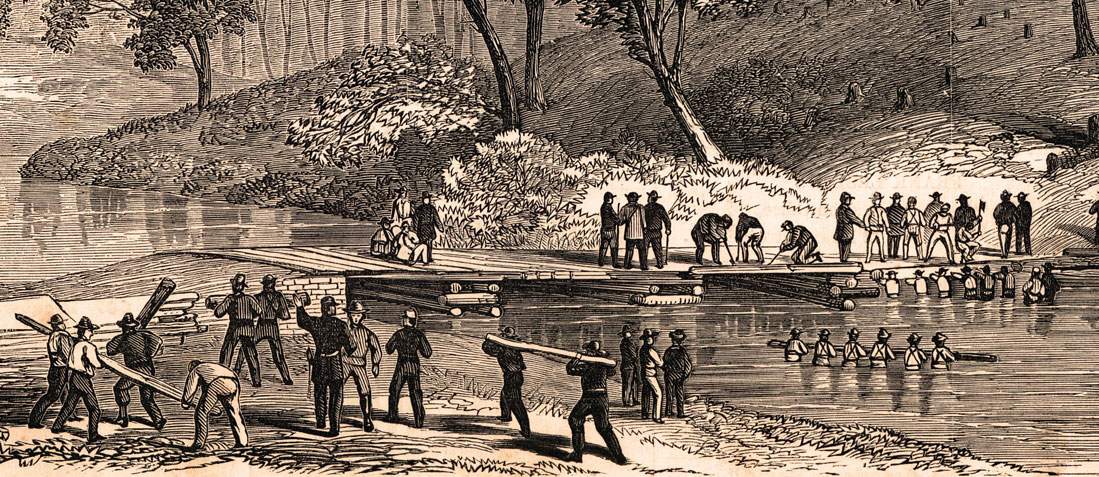 Union regular engineers building a bridge over the Antietam in Maryland, July 11, 1863, artist's impression, detail