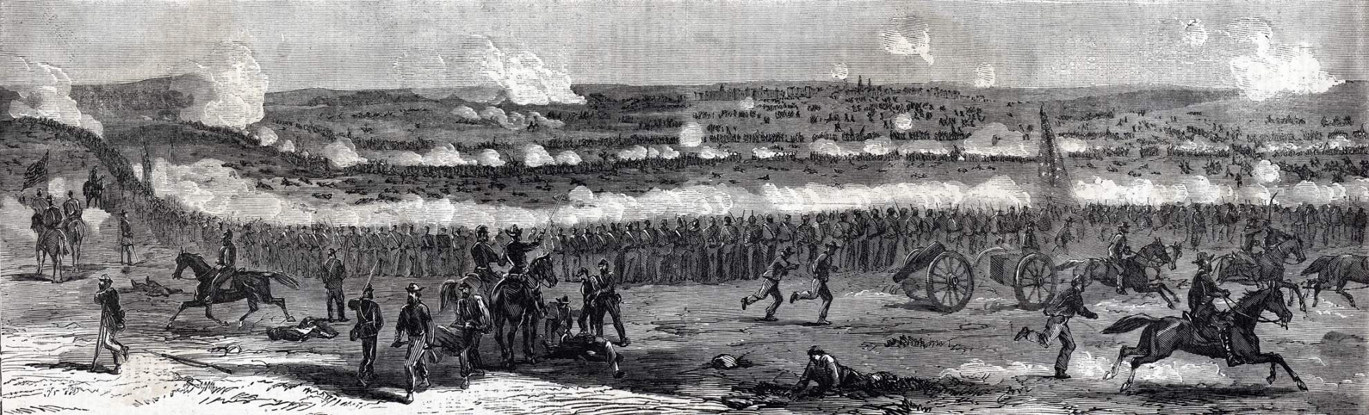 Confederate forces falling back at Third Battle of Winchester, Virginia, September 19, 1864, artist's impression, zoomable image