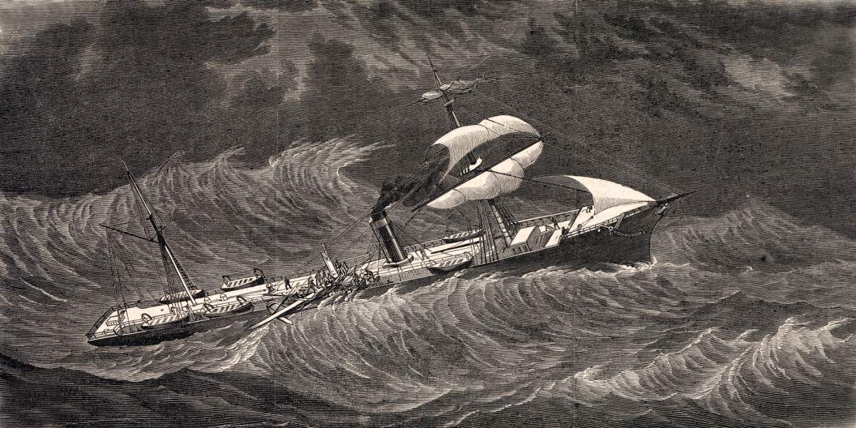 Inman Line steam ship "Etna" damaged during a storm, December, 1863, artist's impression, zoomable image