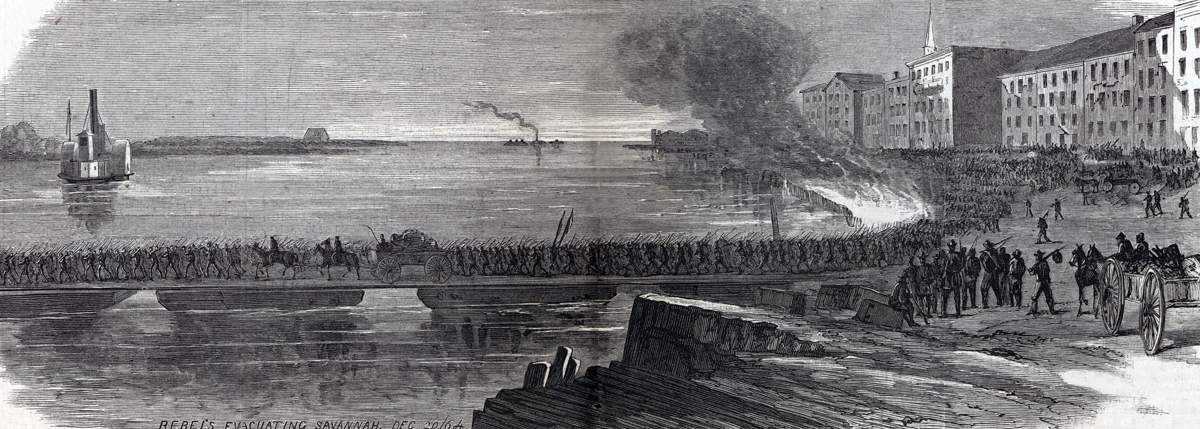 Confederate troops evacuating Savannah, Georgia, December 20, 1864, artist's impression
