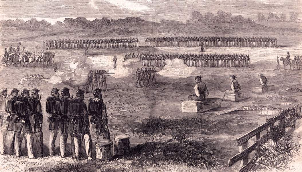 Execution of three Army of Potomac deserters, Leesburg, Virginia, June 19, 1863, artist's impression