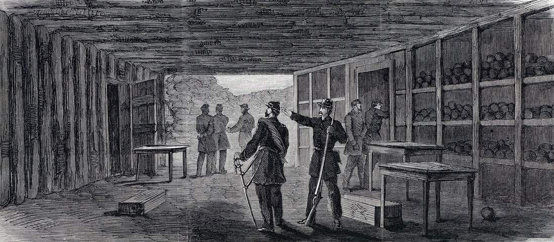 Union officers inspecting the main bunker inside the newly-captured Fort Wagner, September, 1863, artist's impression