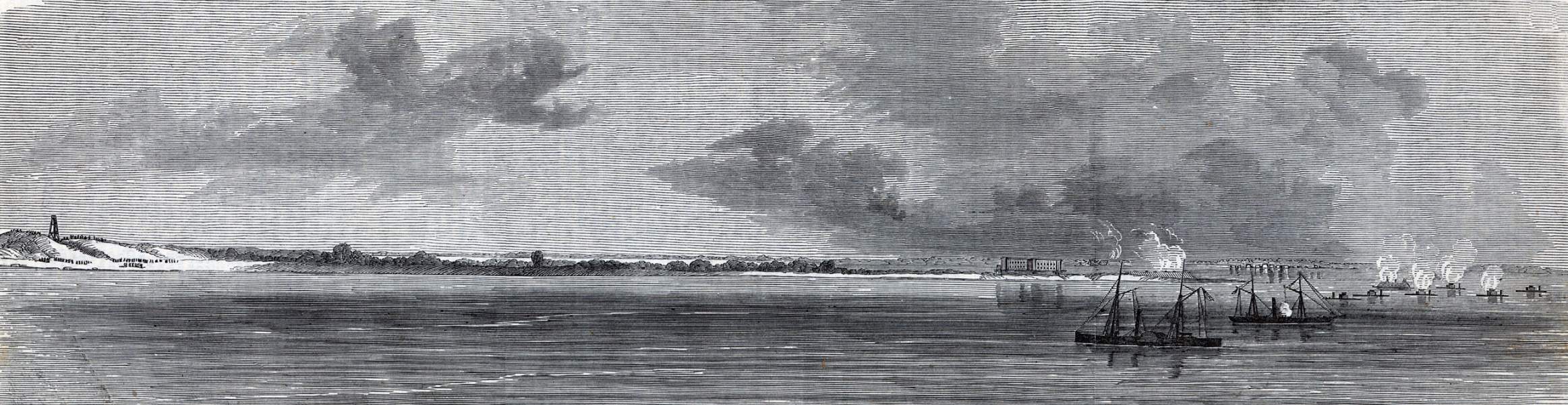 Naval bombardment of lower Morris Island, South Carolina defenses, July 1863, artist's impression, zoomable image