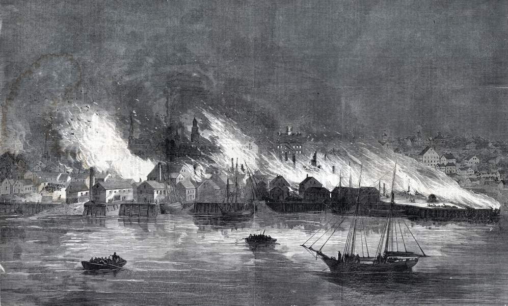 Devastating fire, Belfast, Maine, October 12, 1865, artist's impression, zoomable image