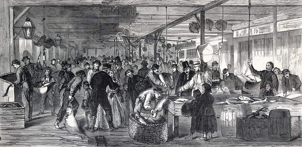 Fulton Fish Market, New York City, October 1865, artist's impression, zoomable image