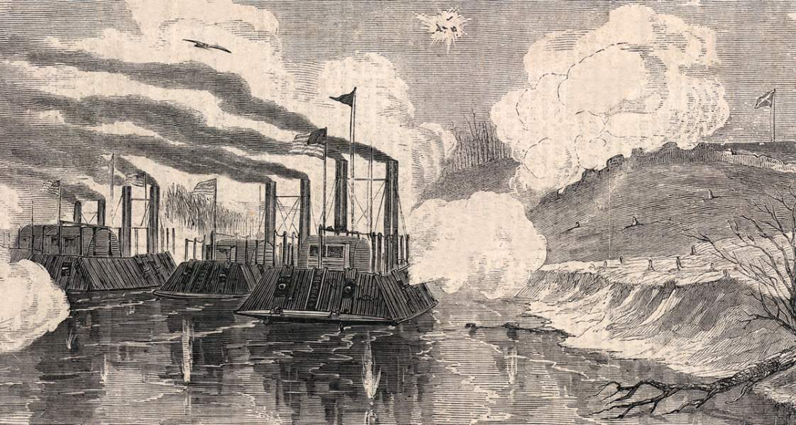 Union Gunboats attacking Fort Donelson, Tennessee, February 1862, artist's impression, detail