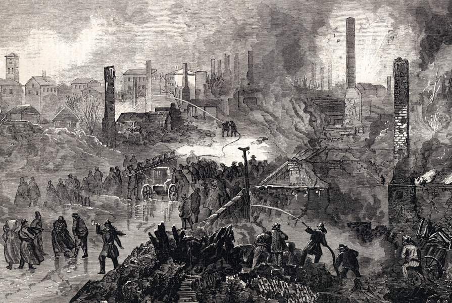Destruction of large parts of Gloucester, Massachusetts by fire, February 18, 1864, artist's impression, detail