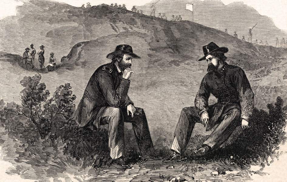 Grant and Pemberton discussing surrender terms, Vicksburg, Mississippi, July 1863, artist's impression, zoomable image