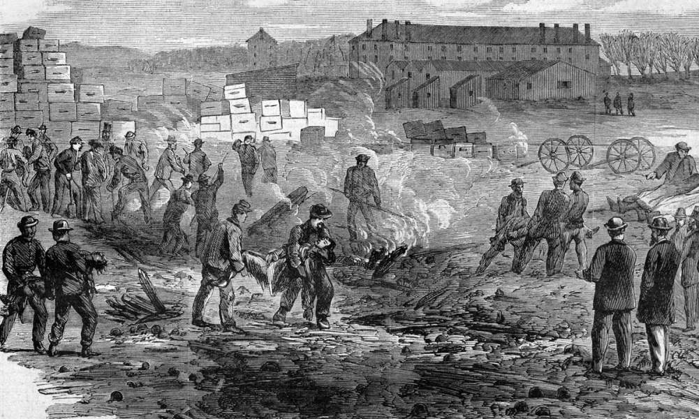 Recovering casualties of an explosion at the Washington Arsenal, December 18, 1865, artist's impression, detail