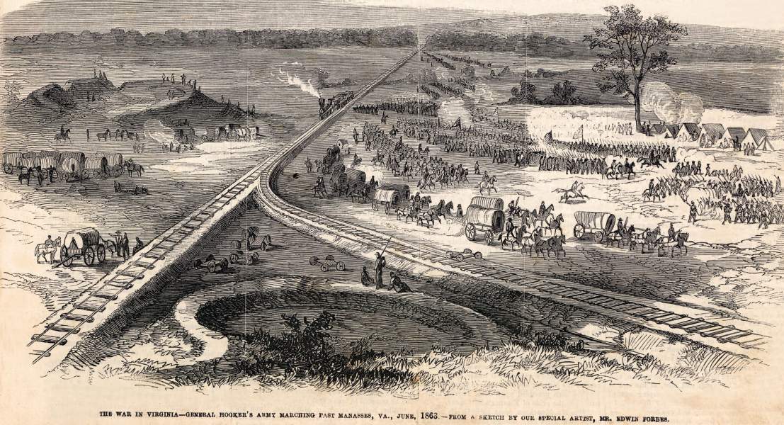 Army of the Potomac marches to counter the attack on Pennsylvania, June 1863, Manassas, Virginia, artist's impression, zoomable 