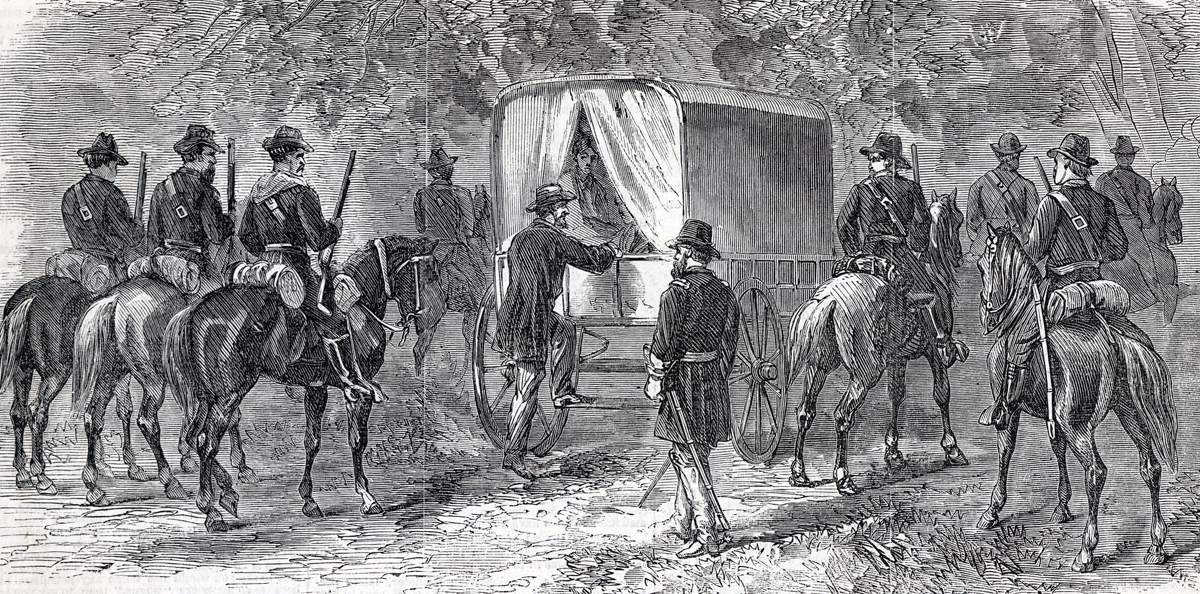 Jefferson Davis, under Union arrest, boarding transport, Irwin County, Georgia, May, 1865, artist's impression