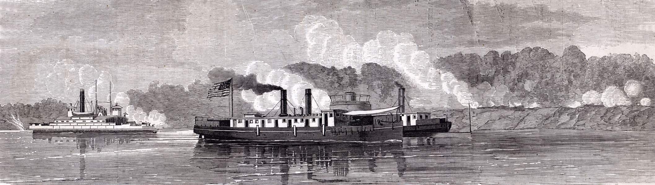 U.S. gunboats in action against Confederate batteries on the James River, August 4, 1863, artist's impression, zoomable image