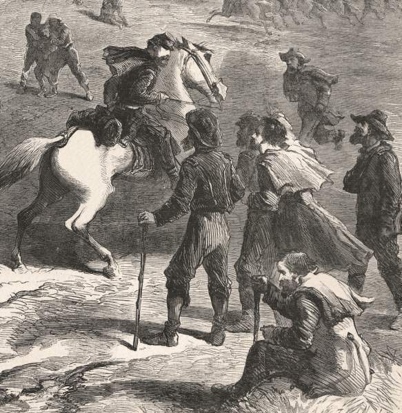 Union cavalry recovering escaped Union prisoners of war, Virginia, February 1864, artist's impression, detail