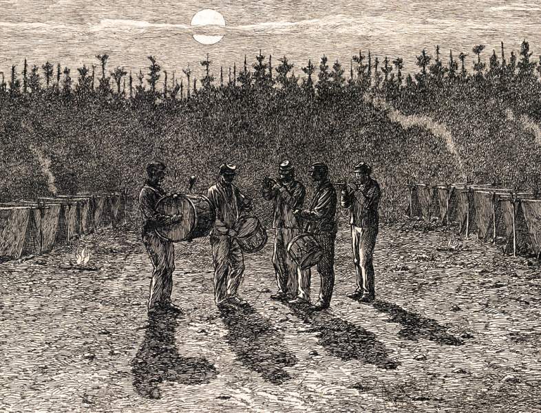 "Tattoo in Camp," Edwin Forbes, copper plate etching, 1876, detail