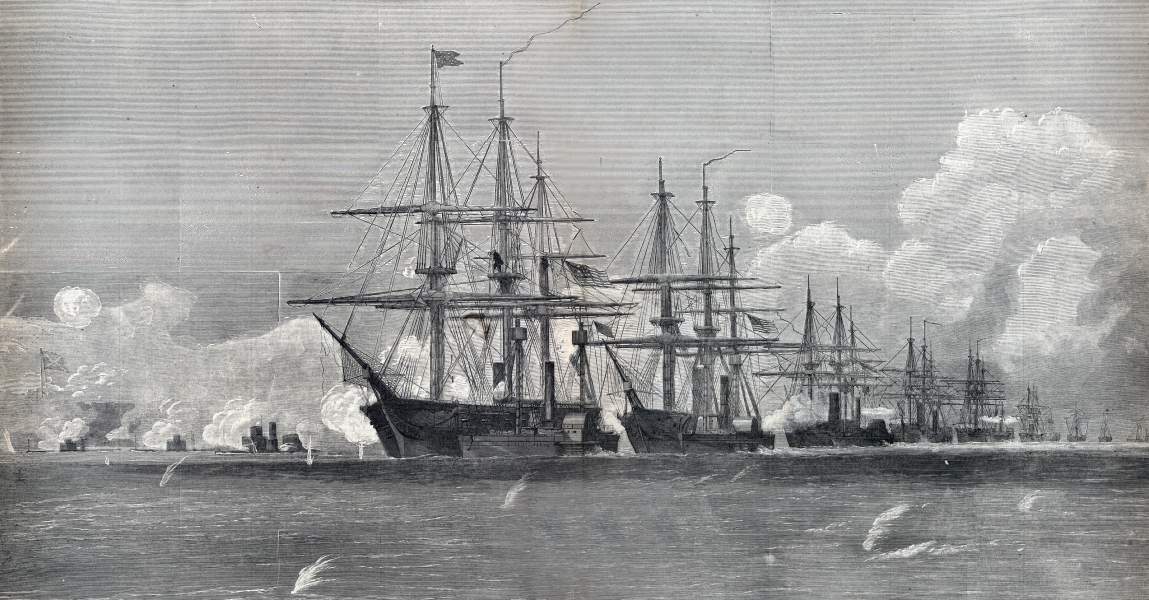 The Union Fleet fights its way into Mobile Bay, Alabama, August 5, 1864, artist's impression, zoomable image