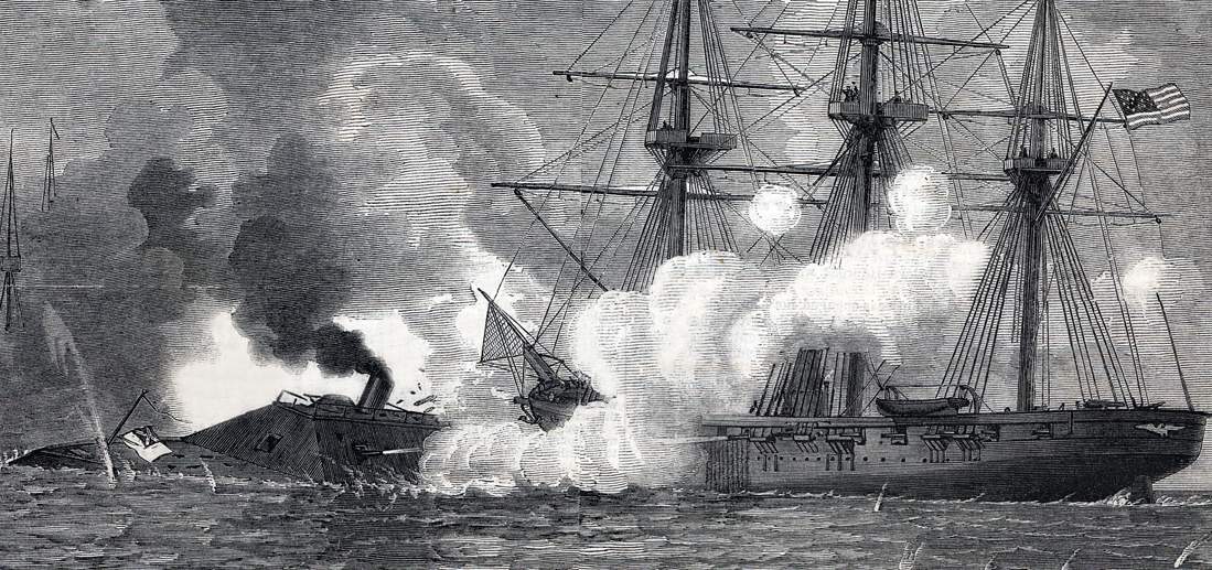 C.S.S. Tennessee and the U.S.S. Hartford, Mobile Bay, Alabama, August 5, 1864, artist's impression, detail