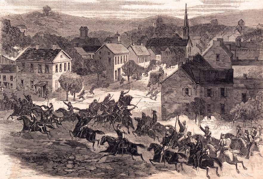 John Hunt Morgan's Confederate raiders skirmishing through Washington, Ohio, July 24, 1863, artist's impression, zoomable image