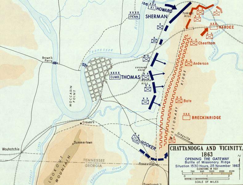 Battle of Missionary Ridge, mid-afternoon of November 25, 1863, campaign map, zoomable image