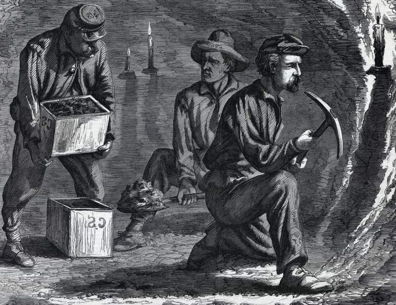 Union sappers at work mining the Confederate defenses at Petersburg, Virginia, July 1864, artist's impression, detail