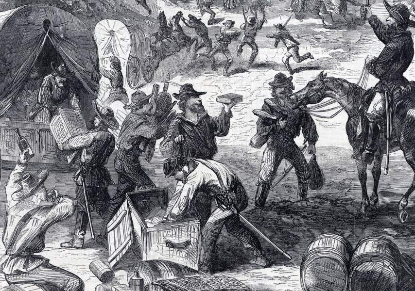 Mosby's Confederate Cavalry ransacking captured Union supply wagons, Virginia, summer 1865, artist's impression, further detail
