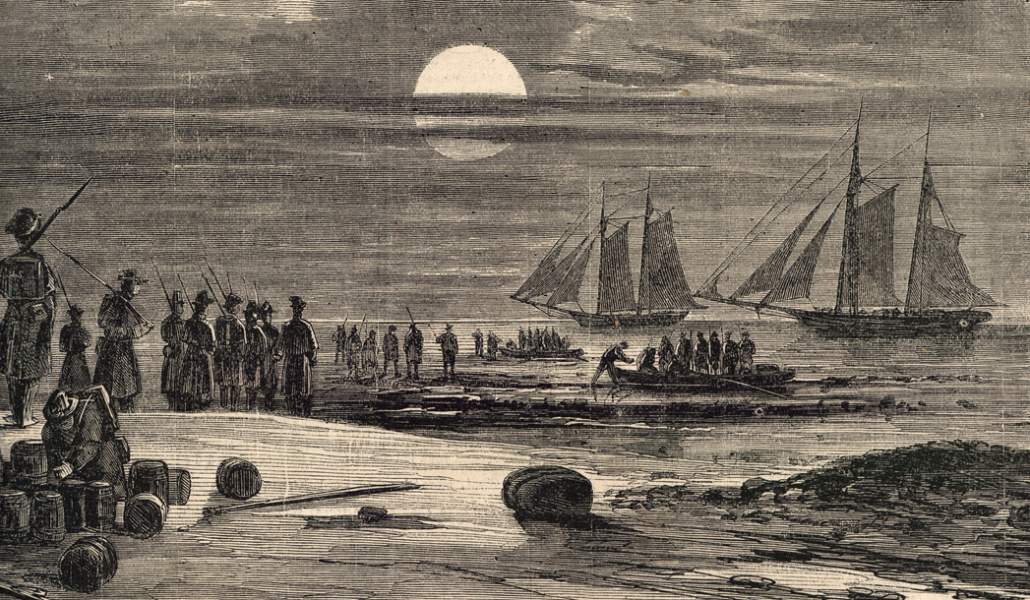 U.S. troops leave Fort Moultrie for Fort Sumter, December 25-26, 1860, artist's impression, detail