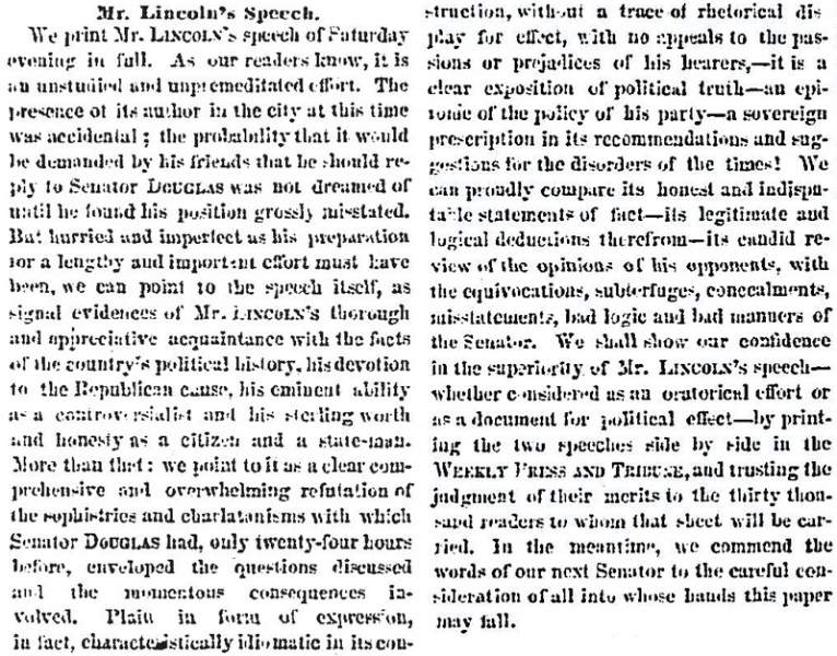 "Mr. Lincoln's Speech," Chicago (IL) Press and Tribune, July 12, 1858