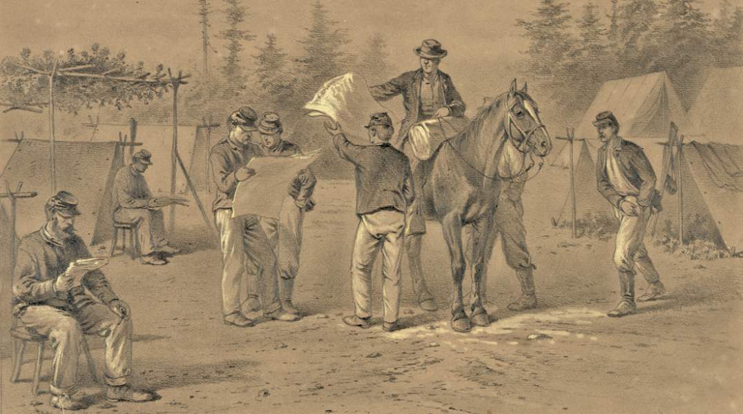 Edwin Forbes, "Newspapers in Camp," artist's impression