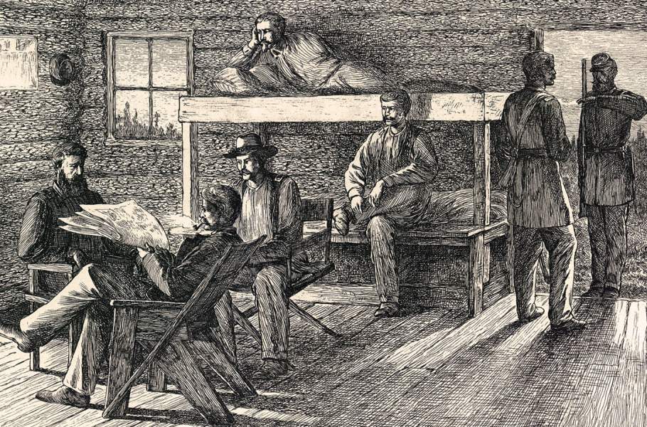 "Officers' Winter Quarters," Edwin Forbes, copper plate etching, 1876, detail