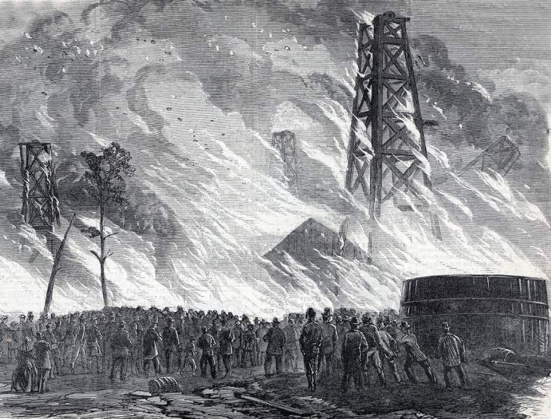 The Grant Well Fire, Pithole City, Pennsylvania, October 9, 1865, artist's impression