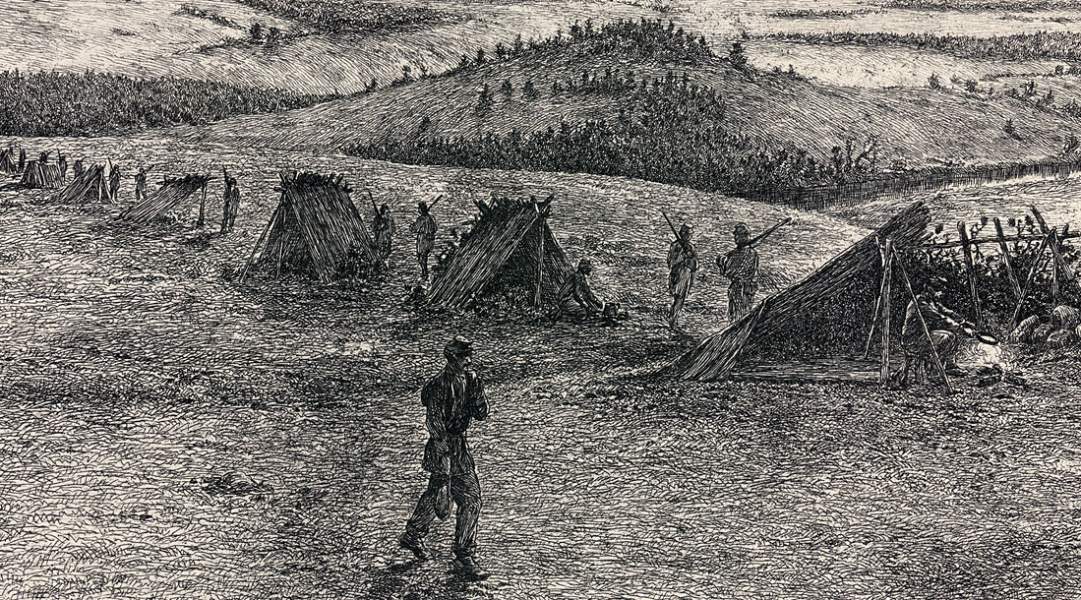 "The Outer Picket Line, Winter," Edwin Forbes, copper plate etching, 1876, detail