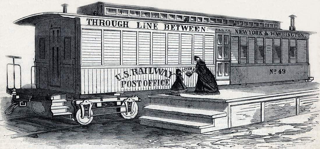 United States Post Office railroad car, exterior view, September 1864, artist's impression