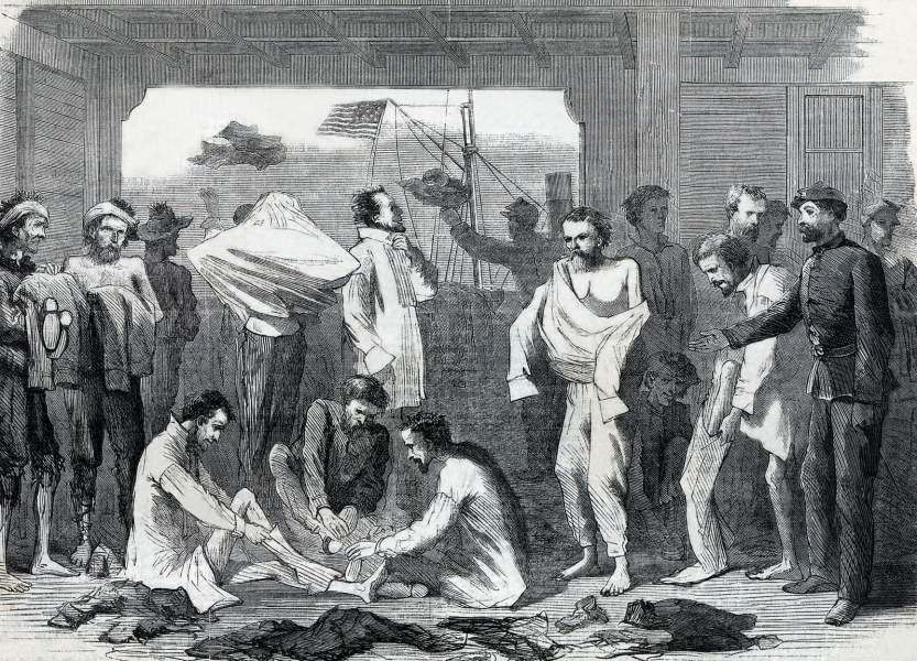 Clothing issue, released Union prisoners of war, Charleston, South Carolina, December 1864, artist's impression, zoomable image