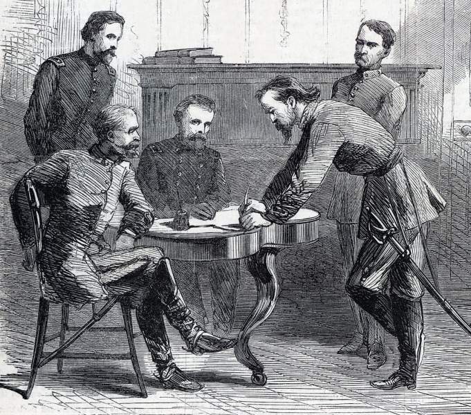 Former Confederate officers signing parole papers, Greensboro, North Carolina, May 1865, artist's impression, detail