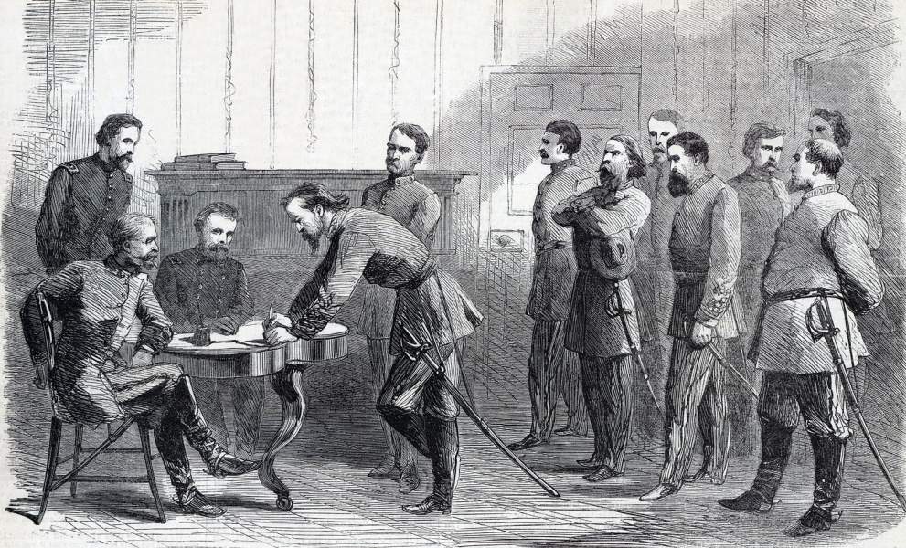 Former Confederate officers signing parole papers, Greensboro, North Carolina, May 1865, artist's impression, zoomable image