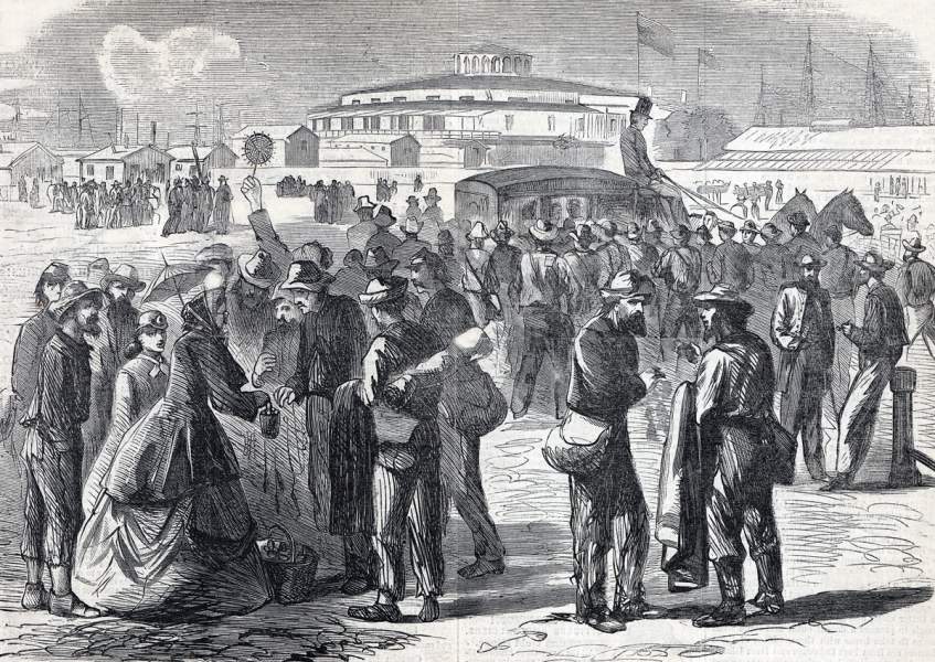 Paroled former Confederate prisoners, the Battery, New York City, July 1865, artist's impression