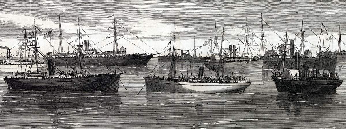 Embarkation of troops aboard transports, Hampton Roads, Virginia, December 12, 1864, artist's impression, detail